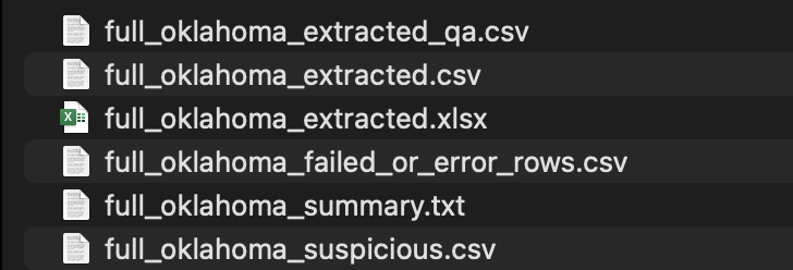 Screenshot of the delivered output package, including final Excel/CSV files, QA output, suspicious-row review file, failed/error-row file, and run summary.